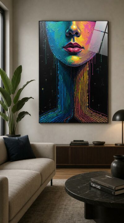 A vivid face melts downward into endless ribbons of neon color, dissolving into an infinite, hypnotic flow against deep black.