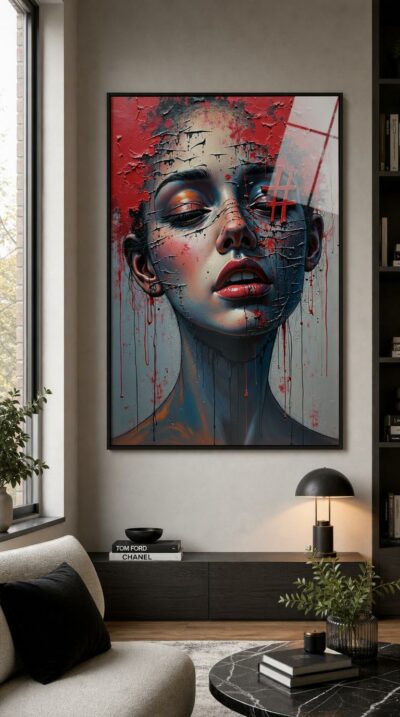 A halo of hashtags crowns a fractured, painted mask of virtue. Long Description The influencer as moral preacher: a fractured portrait encircled by graffiti-like hashtag symbols. The face is broken into shards of crimson and indigo, layered with pastel washes. Expression is frozen, saint-like yet hollow. Painterly force collides with digital symbols, mocking the staged spirituality of online fame. Prompt “Néo-Expressionist portrait with fractured face crowned by graffiti hashtag symbols. Thick impasto strokes, crimson and indigo palette with pastel accents. Angular distortions, layered pigments, trash-graffiti atmosphere.”