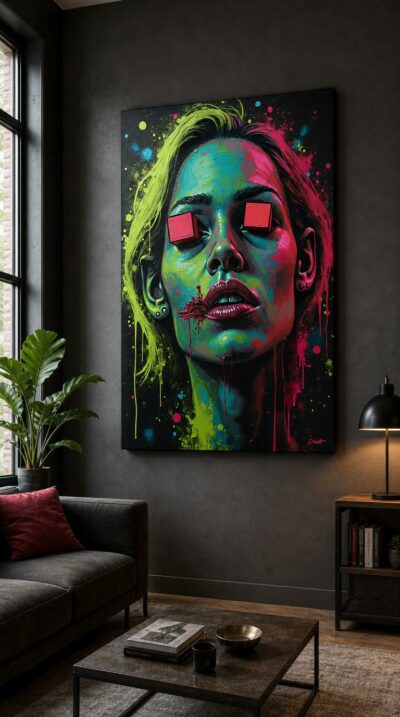 A neon-soaked face stares out with blank red eyes and parted lips, a fierce satire of fame painted in acid greens and crimson drips.