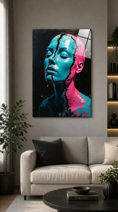 A glossy mask of a face splits down the middle, neon cyan giving way to hot pink against a velvet-black void.