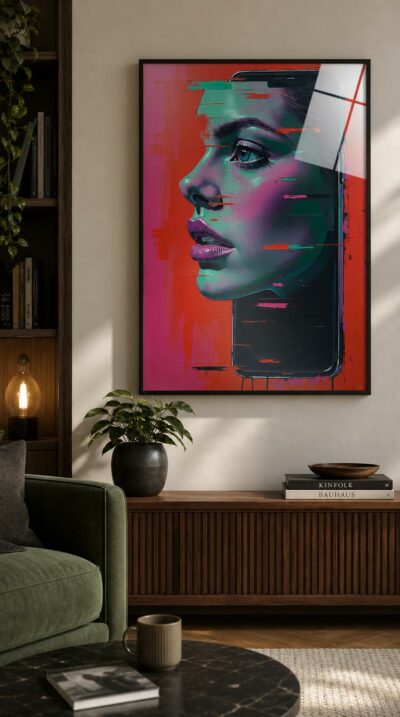 A woman's profile dissolves into the silhouette of a phone screen, her face breaking into shards of neon paint across a crimson field.