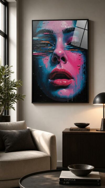 A close-up face dissolves into neon glitches and thick brushstrokes, beauty pushed until perfection cracks and seduction turns uneasy.