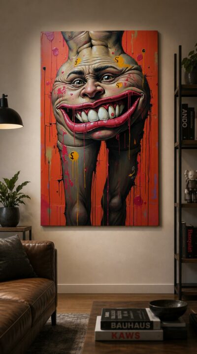 A grotesquely wide grin stretches across a distorted face, branded with dollar signs and dripping color, where flesh and commerce collide.