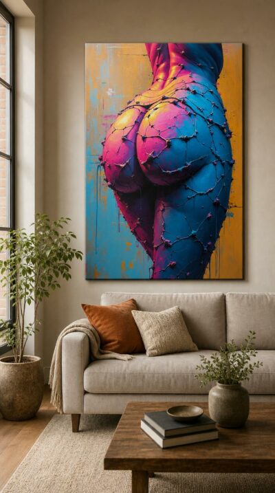 A human form rendered in clashing magenta and blue, laced with a cracked web of texture against a warm ochre ground.