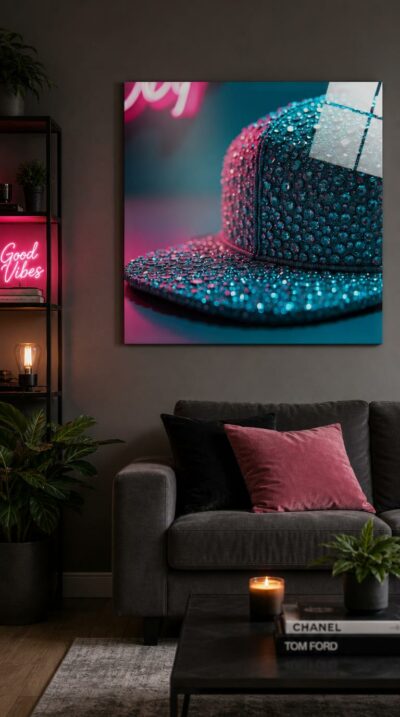 A diamond-studded cap brim fills the frame, every crystal flaring in acid pink and electric teal neon.