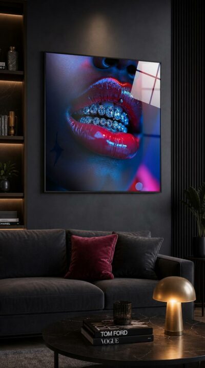 A hyper-close mouth glistens with glossy red lips and diamond-set teeth, drenched in cyan and magenta light.