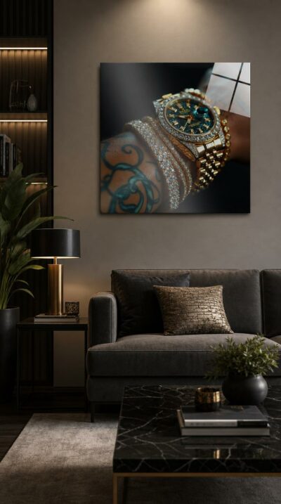 A tattooed wrist stacked with a gold watch and diamond bracelets, glowing like armor against deep black under a hard, blue-tinged spotlight.