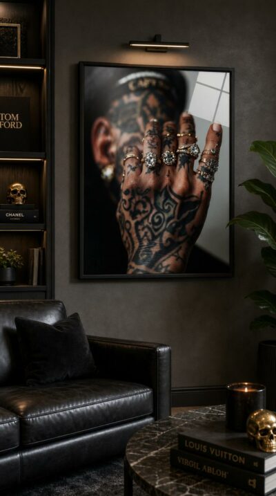 A tattooed hand thrusts forward, fingers stacked with diamond rings and gold bands, gemstones flaring under a hard burst of light.
