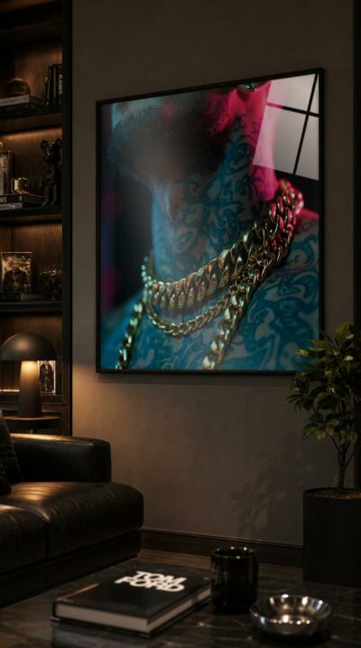 A tattooed neck disappears beneath massive gold Cuban links, their polished surfaces catching streaks of pink and blue neon.