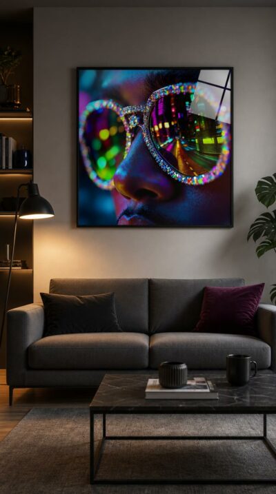 A diamond-studded pair of sunglasses fills the frame, its mirrored lenses catching a riot of neon city lights in acid green, violet and blue.