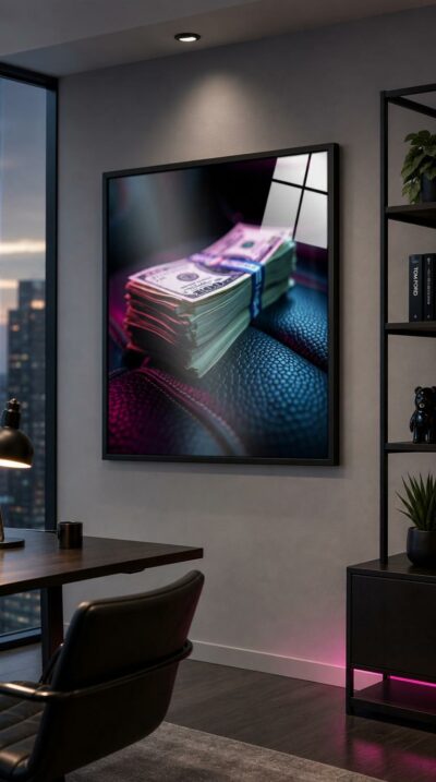 Banded bundles of cash rest on perforated black leather, lit by a cinematic spotlight as a violet neon haze drifts across the frame.