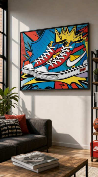 A pair of high-top sneakers explode across a comic-book burst of red, blue and yellow, every bold outline crackling with pop-art energy.