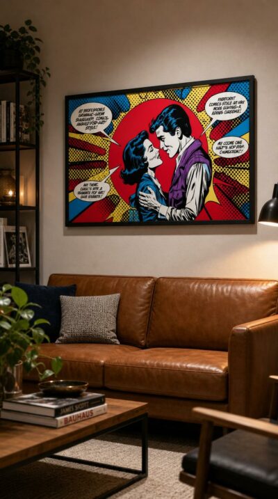 A couple leans into a near-kiss against a blazing red sun and halftone rays, drawn in the bold lines and primary colors of vintage comics.