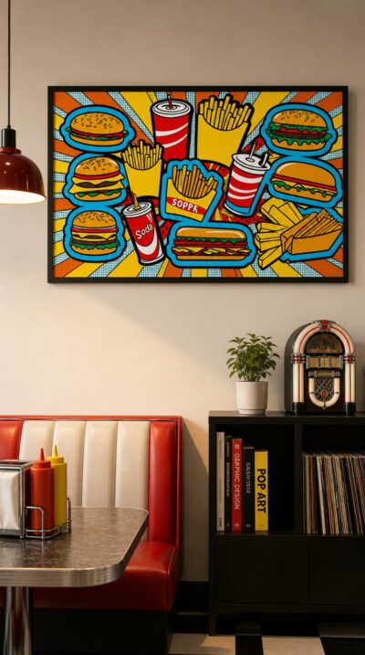 A blazing pop-art feast of burgers, fries and sodas bursting from a sunburst of yellow, orange and turquoise outlines.
