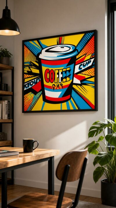A takeout coffee cup blazes at center stage, framed by comic-book starbursts of red, yellow and electric blue in bold pop-art swagger.