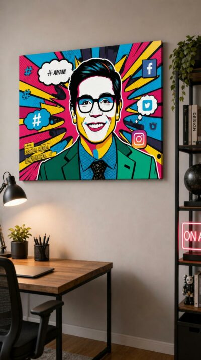 A beaming young man in glasses bursts from a kaleidoscope of comic-book color, ringed by hashtags and social icons in jubilant pop-art energy.
