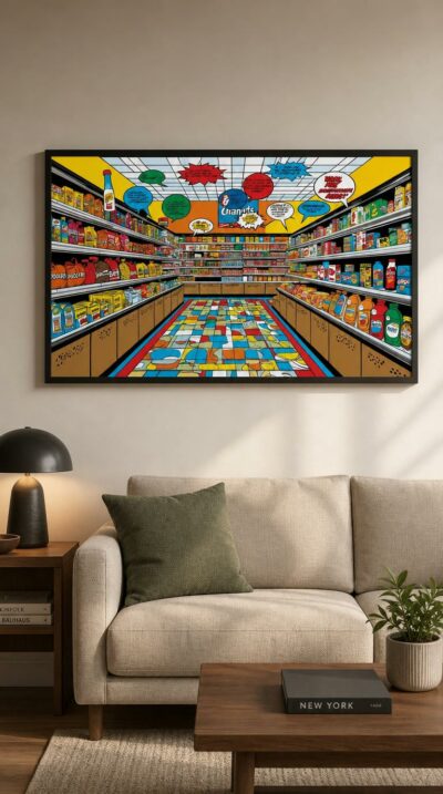 A blazing comic-book grocery aisle bursts with stacked products, speech bubbles overhead and a kaleidoscopic tiled floor receding into vivid color.