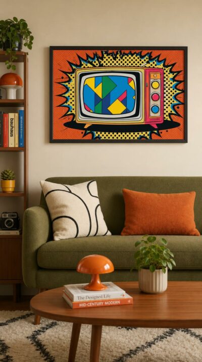 A retro television bursts from a dotted comic-book backdrop, its screen alive with bold geometric color against a vibrant pop-art explosion.