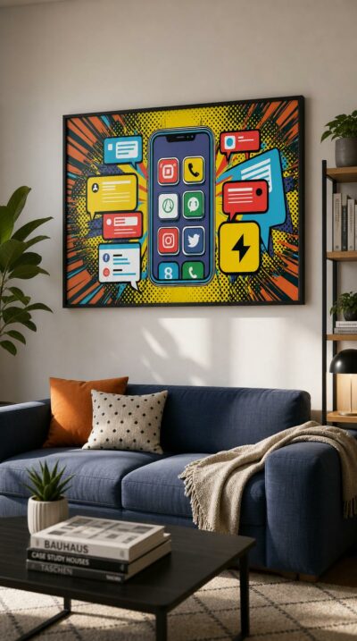 A glowing smartphone surrounded by bursting comic-style chat bubbles and app icons, exploding across a halftone field of yellow, orange and electric blue.