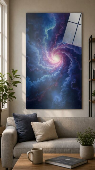 A luminous spiral of nebular cloud unfurls across deep space, its glowing core radiating soft pink and electric blue into the dark.