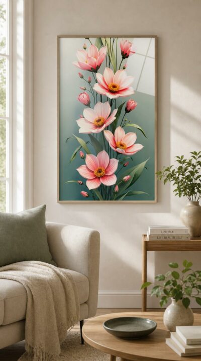A rising column of soft pink blossoms and slender buds unfurls against muted sage, their golden centers glowing with quiet warmth.