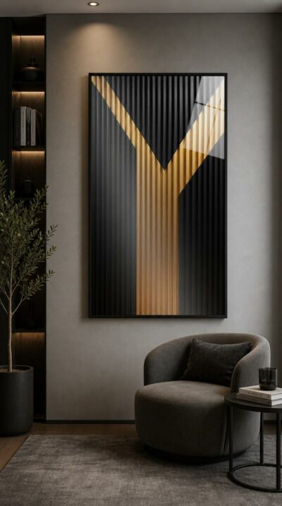 A golden chevron rises through ribbed black panels, its vertical bands catching light like brushed metal against deep shadow.