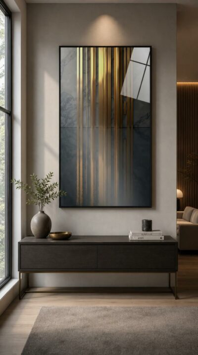 Polished brass ribbons rise against dark veined marble, their warm light pooling and stretching across a mirror-still floor.