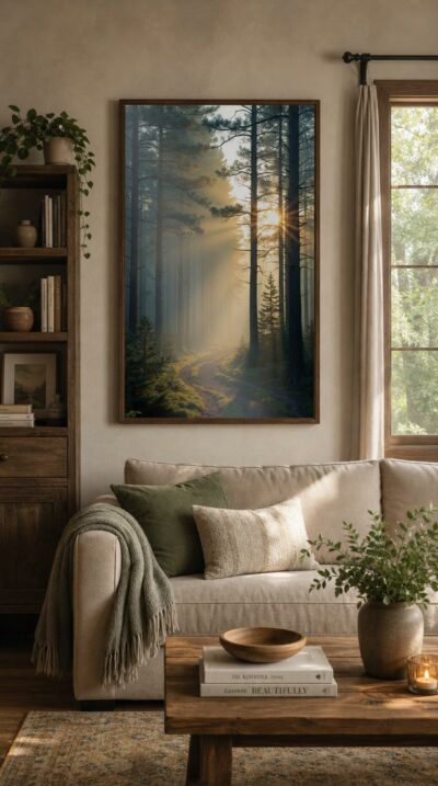 Morning sun breaks through towering pines, scattering golden rays across a mist-laced path winding into the heart of a quiet forest.