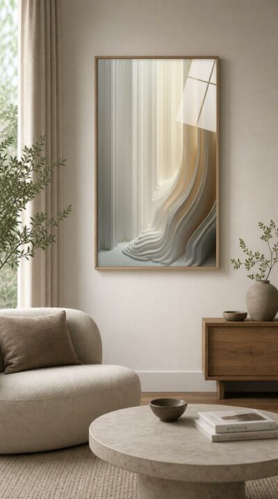 Soft vertical ridges flow into a cascading wave of cream and ivory, lit by a warm glow that turns sculpted surface into quiet movement.