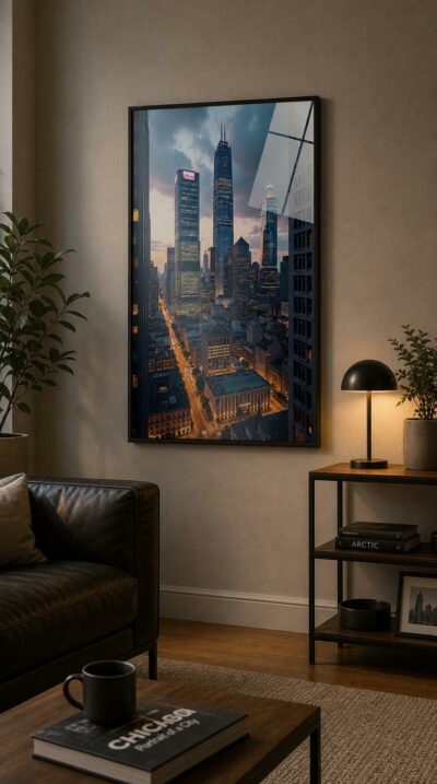 A city skyline at twilight, glass towers catching the last violet light while streets below glow amber with traffic and life.