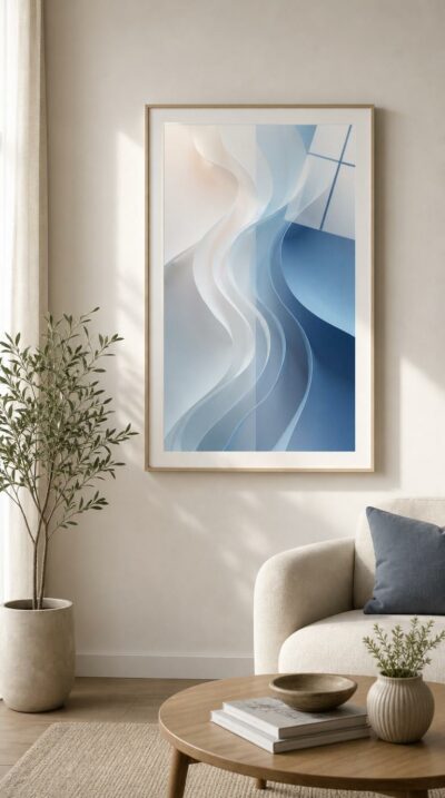 Silken waves of cream and deep blue rise in slow, undulating folds, a vertical river of light and calm.