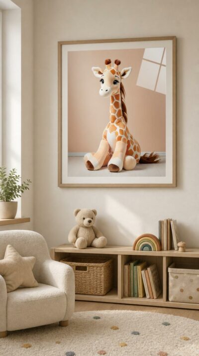 A plush giraffe sits with a friendly smile against a warm peach wall, its soft fur rendered in tender, sunlit orange tones.
