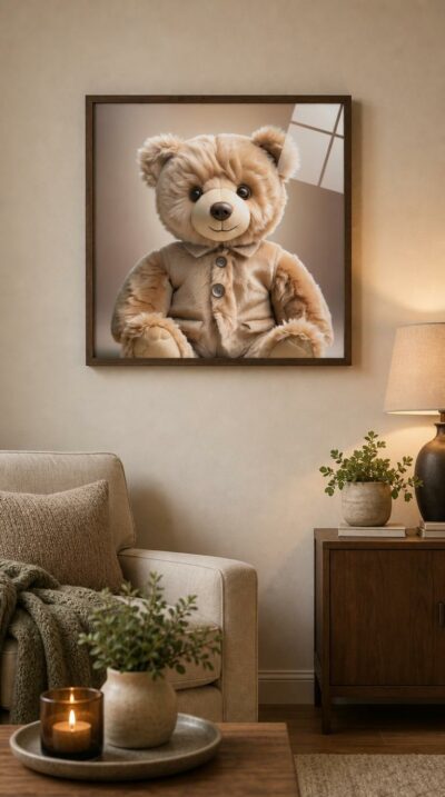 A soft, plush teddy bear sits and gazes out with button eyes and a stitched smile, glowing in warm pastel browns.