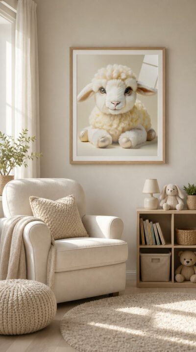 A plush lamb sits with soft button eyes and a serene gaze, its woolly coat glowing in warm, buttery monochrome.