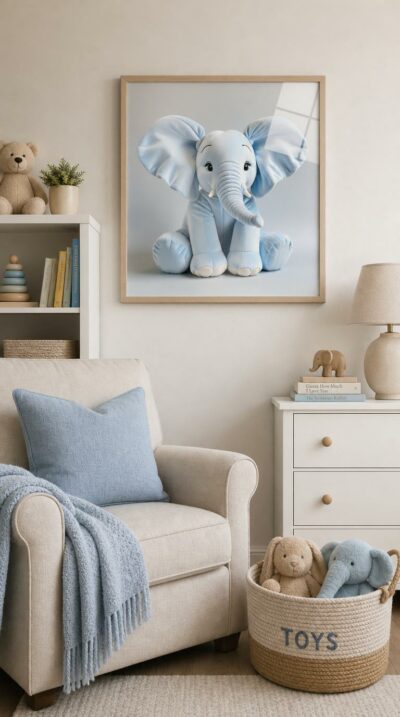 A plush pastel-blue elephant sits with ears spread wide and a gentle, knowing smile, soft as a bedtime story against a quiet studio glow.