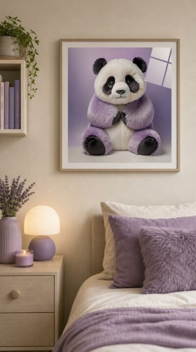 A plush panda sits in soft lavender fur, round-faced and wide-eyed, radiating a calm and cuddly warmth against a misty purple glow.