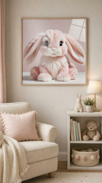 A blush-pink plush bunny with long floppy ears and glossy dark eyes sits softly against a rose backdrop, radiating gentle, cuddly warmth.