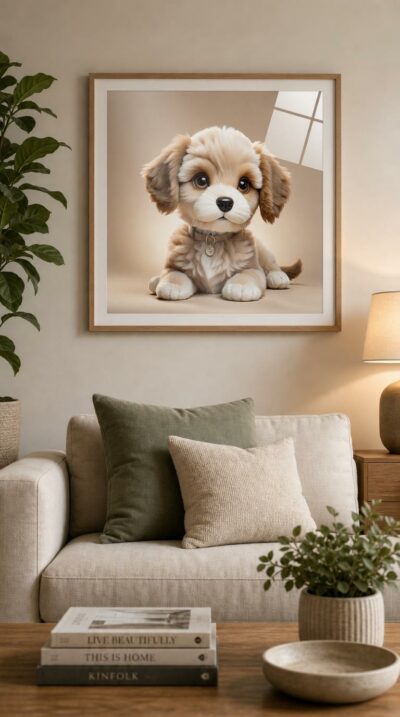 A plush-soft puppy with glossy chocolate eyes tilts its head against a warm caramel glow, radiating tenderness and quiet, irresistible charm.