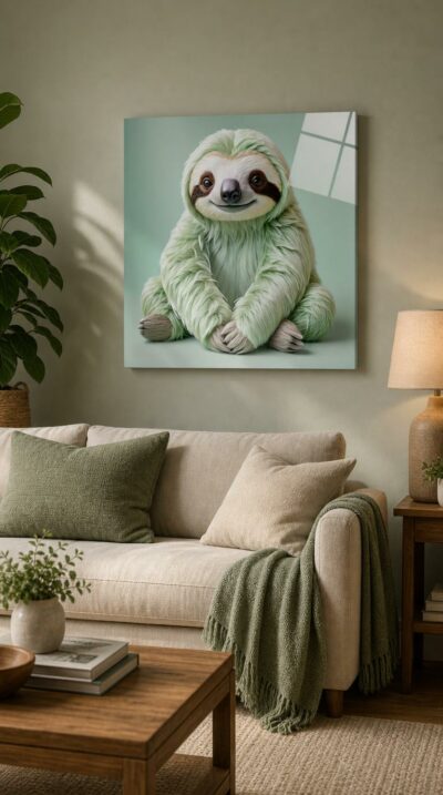 A plush sloth in soft pastel green sits cross-legged with a gentle, sleepy smile, radiating quiet warmth against a tender mint backdrop.