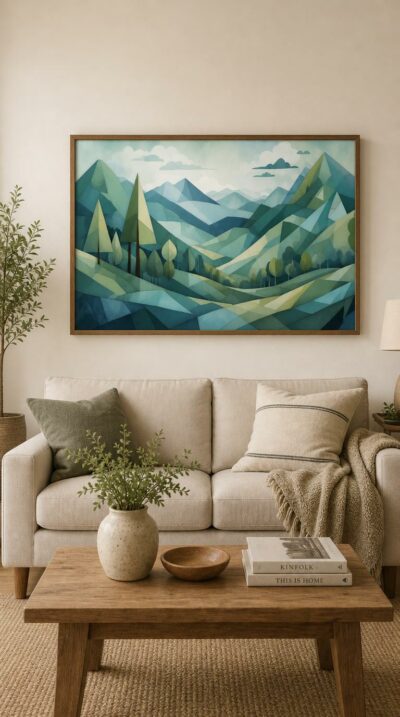 Mountains, valleys and slender trees folded into crisp geometric planes, washed in cool blues and tender greens beneath a soft, clouded sky.