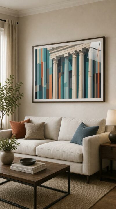 Classical columns and a temple cornice rise from a mosaic of teal, coral and grey planes, where antiquity dissolves into pure geometry.