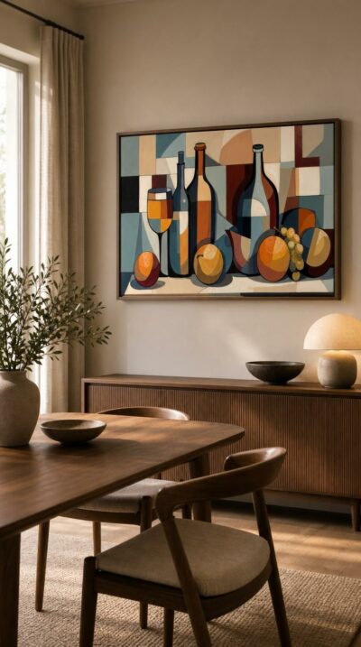 Bottles, a wineglass and ripe fruit fracture into warm planes and cool angles, reassembled into a quietly elegant table of everyday things.