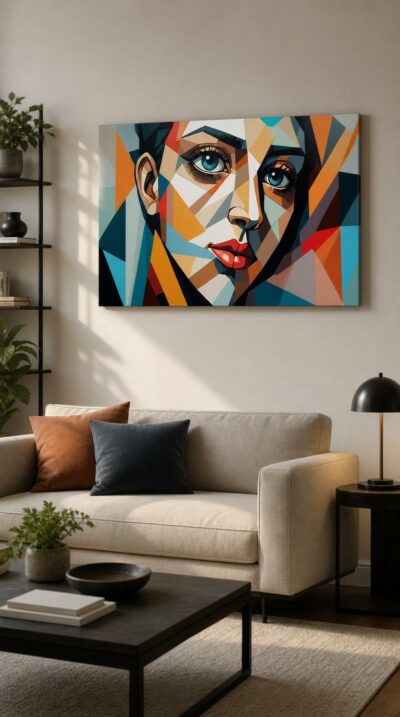 A woman's face emerges from a mosaic of sharp angular planes and bold color, her blue eyes and red lips anchoring the geometric storm.