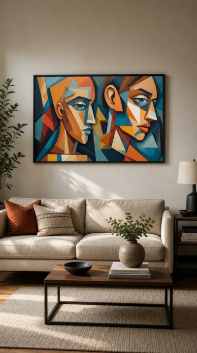 Two faces emerge from a lattice of angular planes, their profiles dissolving into warm ochre and cool blue geometry.