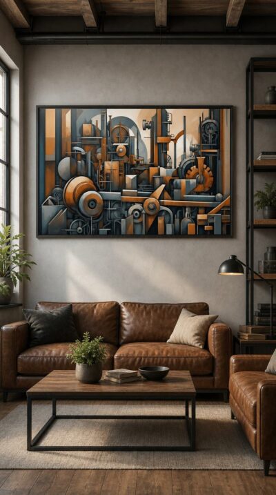 Gears, pistons and factory architecture fractured into bold geometric planes, where rust-orange and slate steel lock together in a humming mechanical chorus.