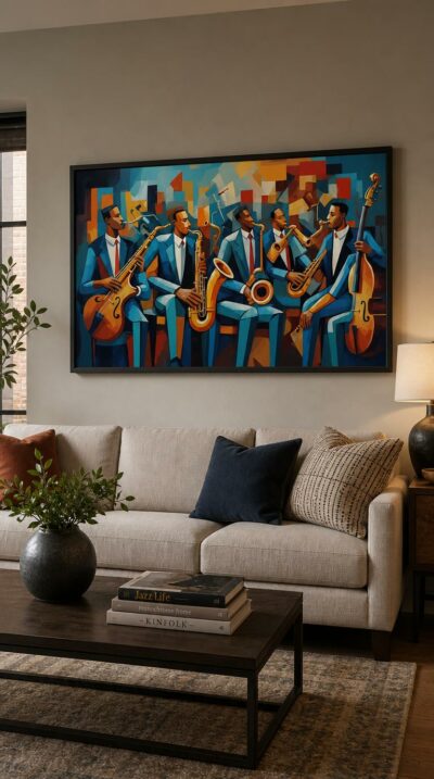 Five musicians lean into their saxophones and basses, their suits and instruments fractured into bold blue and amber planes that pulse with rhythm.