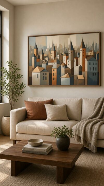 A European skyline reimagined in cubist planes, where rooftops, spires and towers stack into a quiet rhythm of earth-toned geometry.
