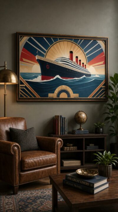 A grand ocean liner cuts through deep blue swells beneath a radiant sunburst, framed by the crisp geometry of an Art Deco poster.