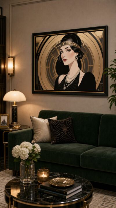 A poised 1920s woman with a jeweled headband and cascading pearls gazes past us, framed by radiant gold Art Deco circles.
