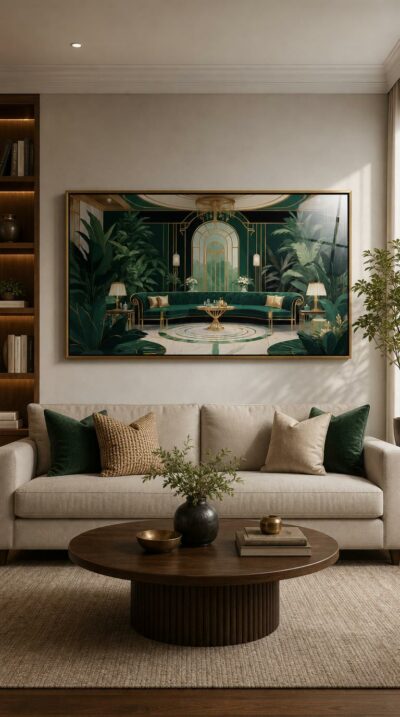 A lavish 1920s lounge wrapped in emerald velvet and gold, where towering palms frame an arched window and the promise of a glittering evening.